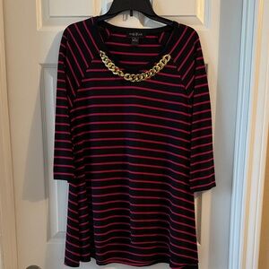 Black and Pink Striped Blouse with Gold Chain